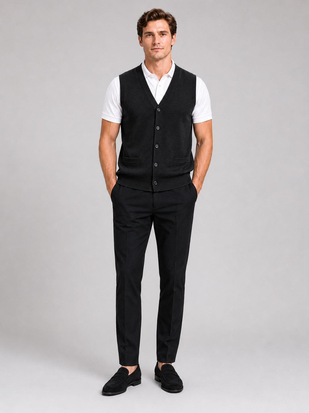 Men’s Knit Sleeveless Jumper V-Neck Button-Up Autumn Winter Layer for Business Casual and Office Wear