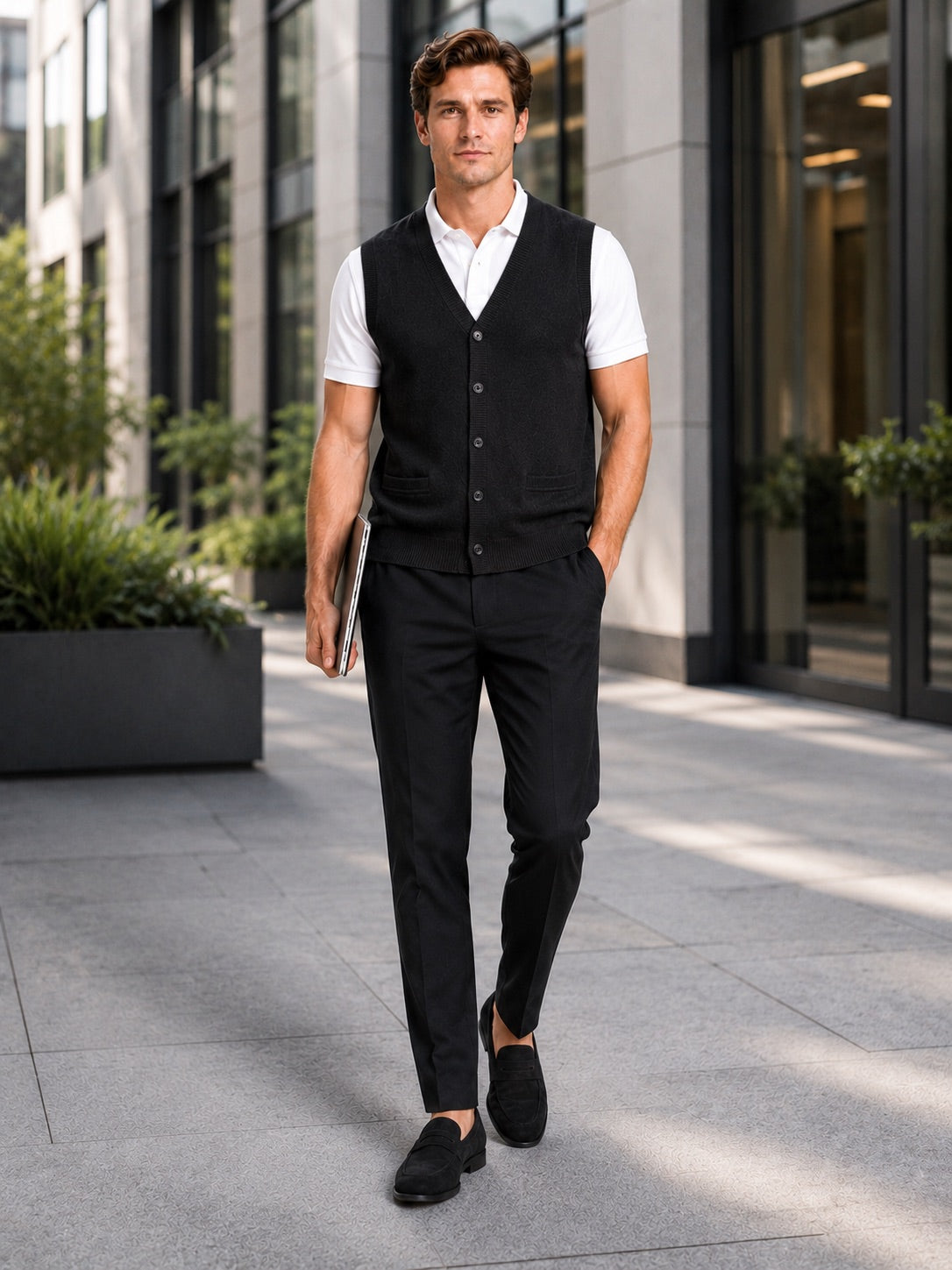 Men’s Knit Sleeveless Jumper V-Neck Button-Up Autumn Winter Layer for Business Casual and Office Wear