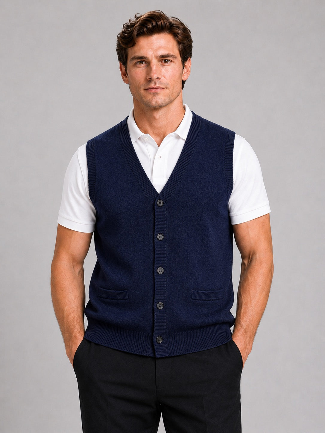 Men’s Knit Sleeveless Jumper V-Neck Button-Up Autumn Winter Layer for Business Casual and Office Wear