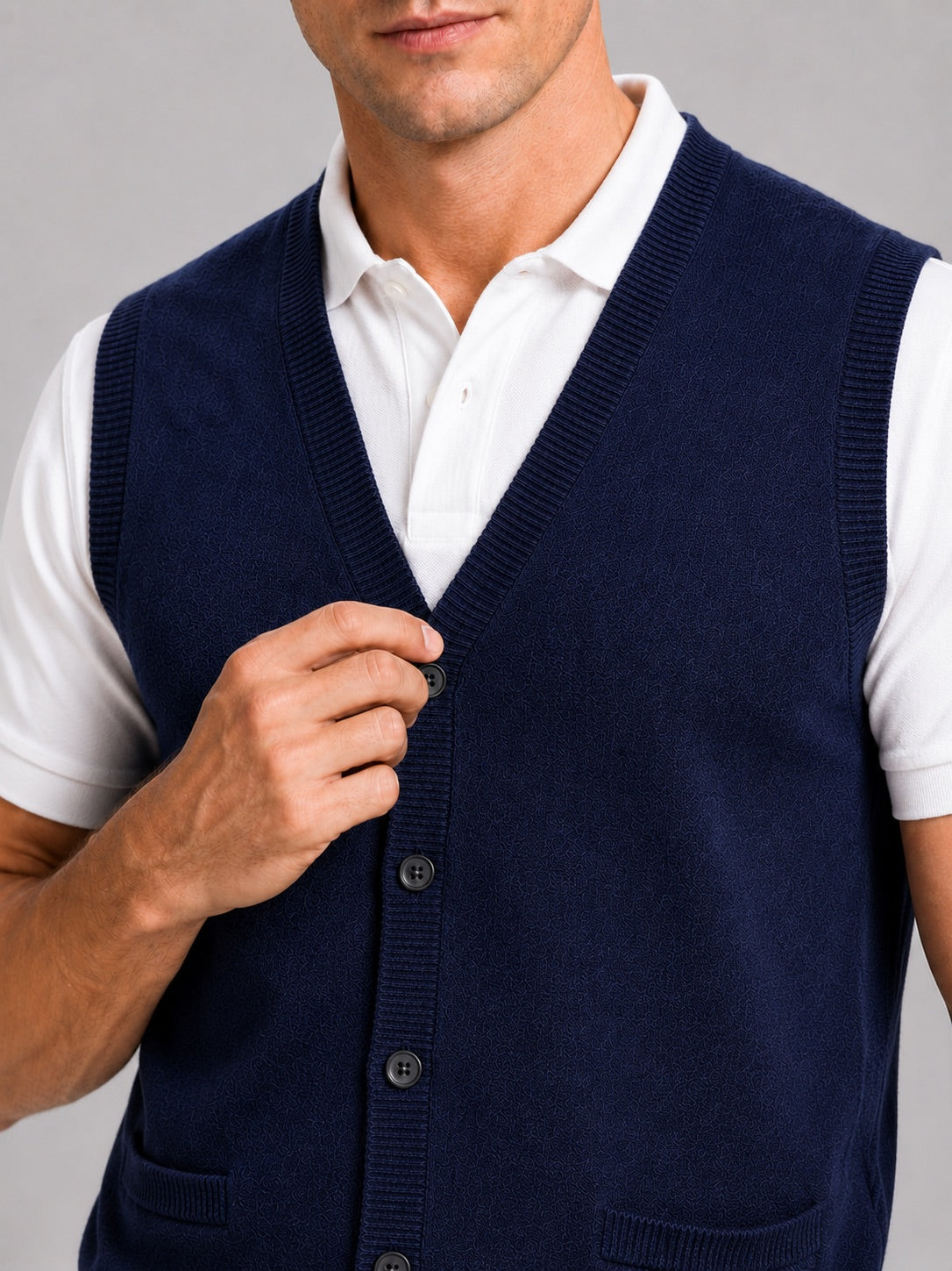 Men’s Knit Sleeveless Jumper V-Neck Button-Up Autumn Winter Layer for Business Casual and Office Wear