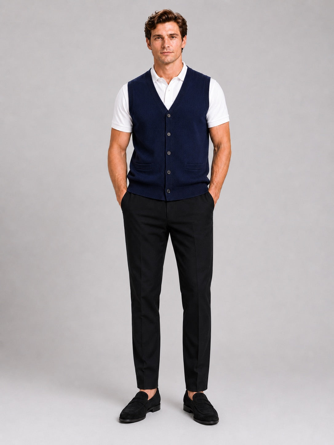 Men’s Knit Sleeveless Jumper V-Neck Button-Up Autumn Winter Layer for Business Casual and Office Wear
