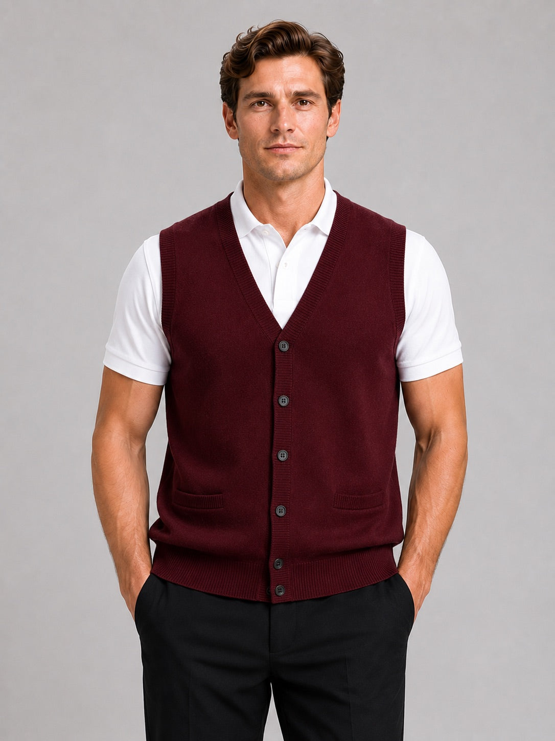 Men’s Knit Sleeveless Jumper V-Neck Button-Up Autumn Winter Layer for Business Casual and Office Wear
