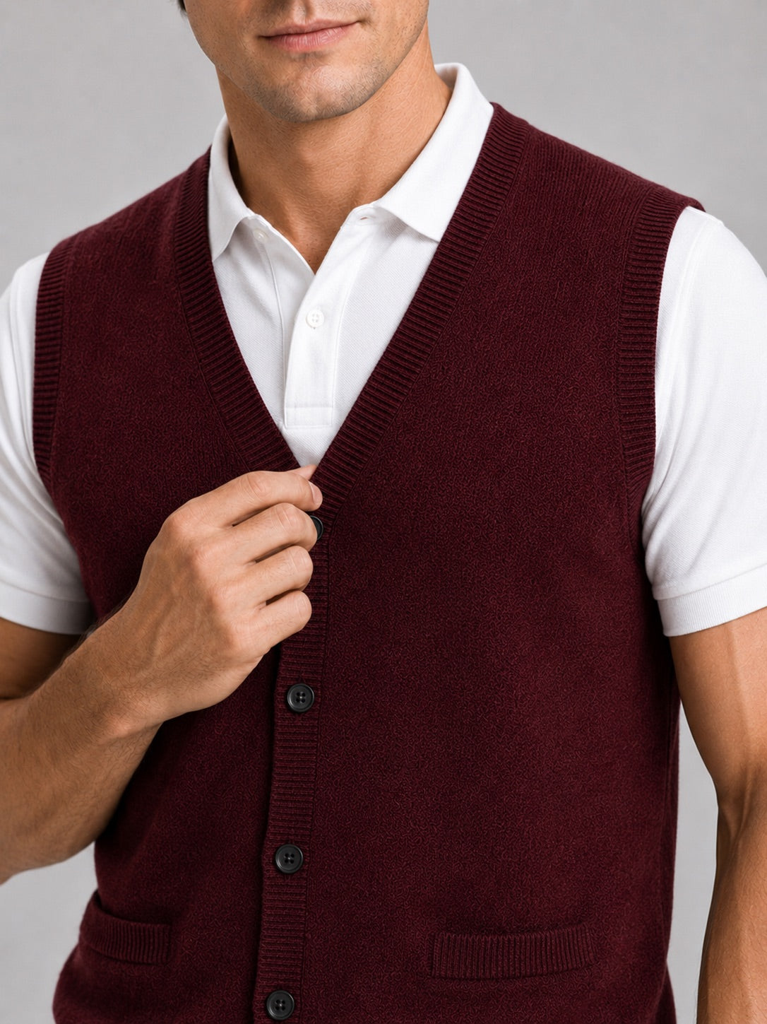Men’s Knit Sleeveless Jumper V-Neck Button-Up Autumn Winter Layer for Business Casual and Office Wear