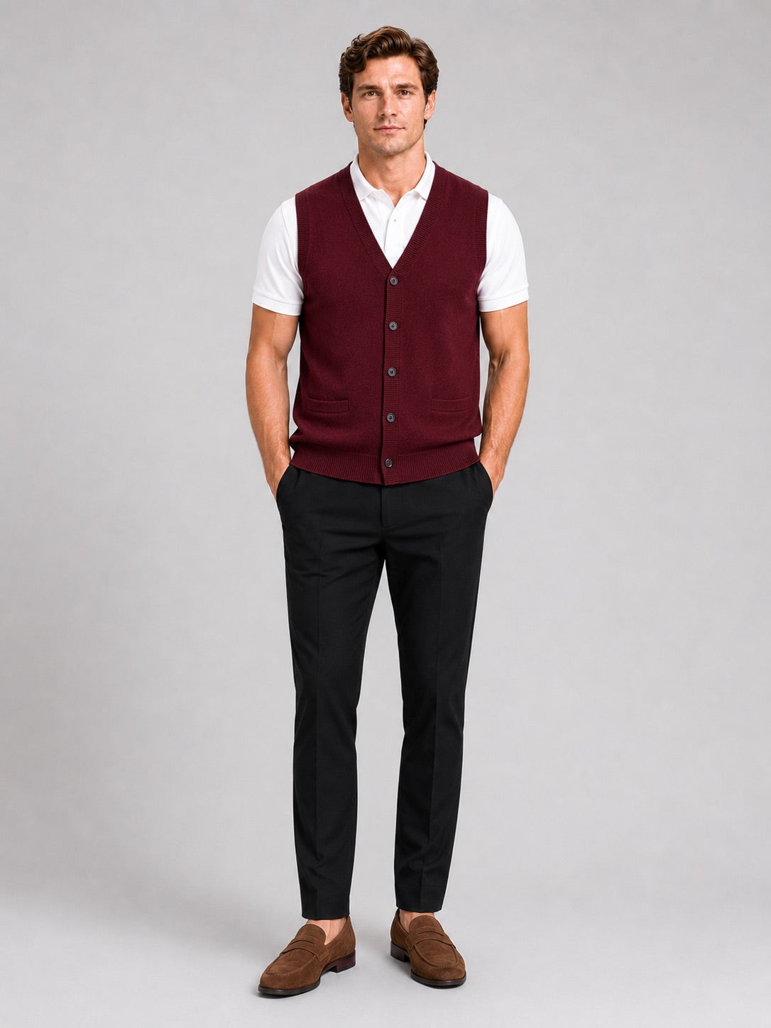Men’s Knit Sleeveless Jumper V-Neck Button-Up Autumn Winter Layer for Business Casual and Office Wear