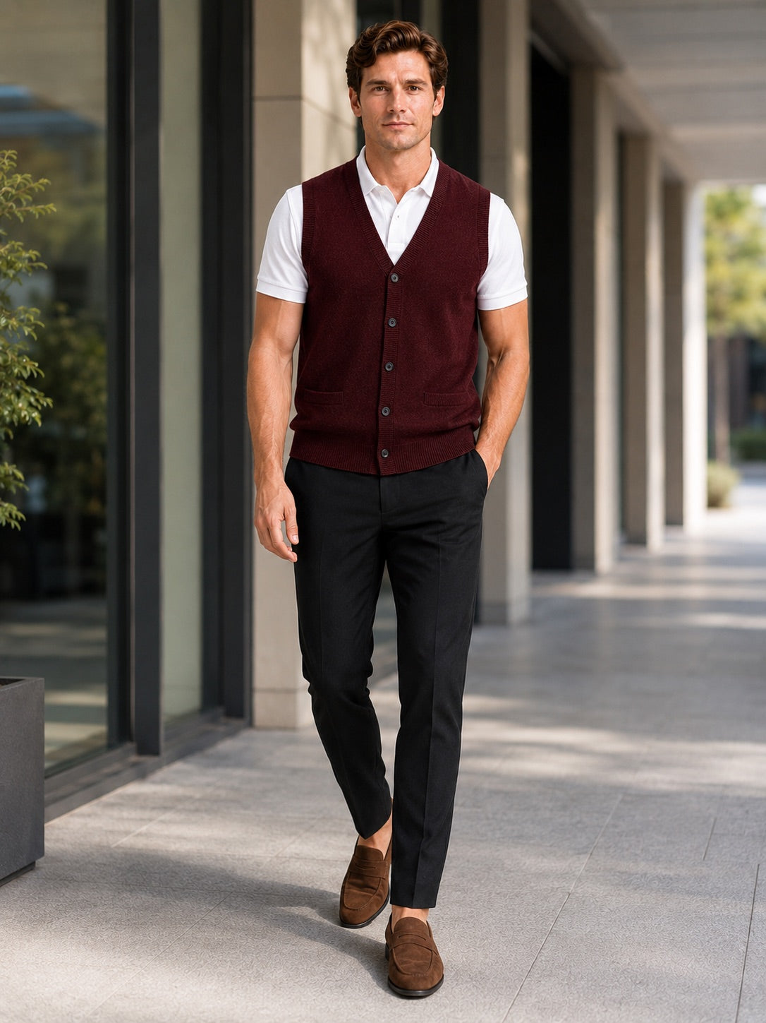Men’s Knit Sleeveless Jumper V-Neck Button-Up Autumn Winter Layer for Business Casual and Office Wear