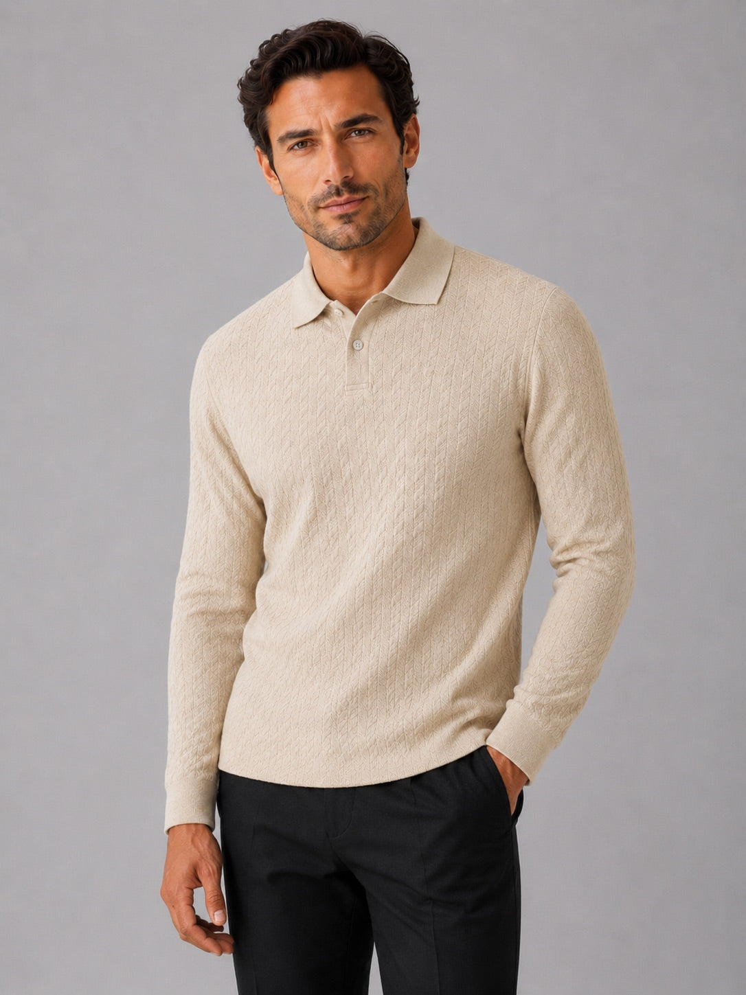 Men’s Long Sleeve Polo Shirt Business Casual Knit Top for Office and Smart Casual Wear