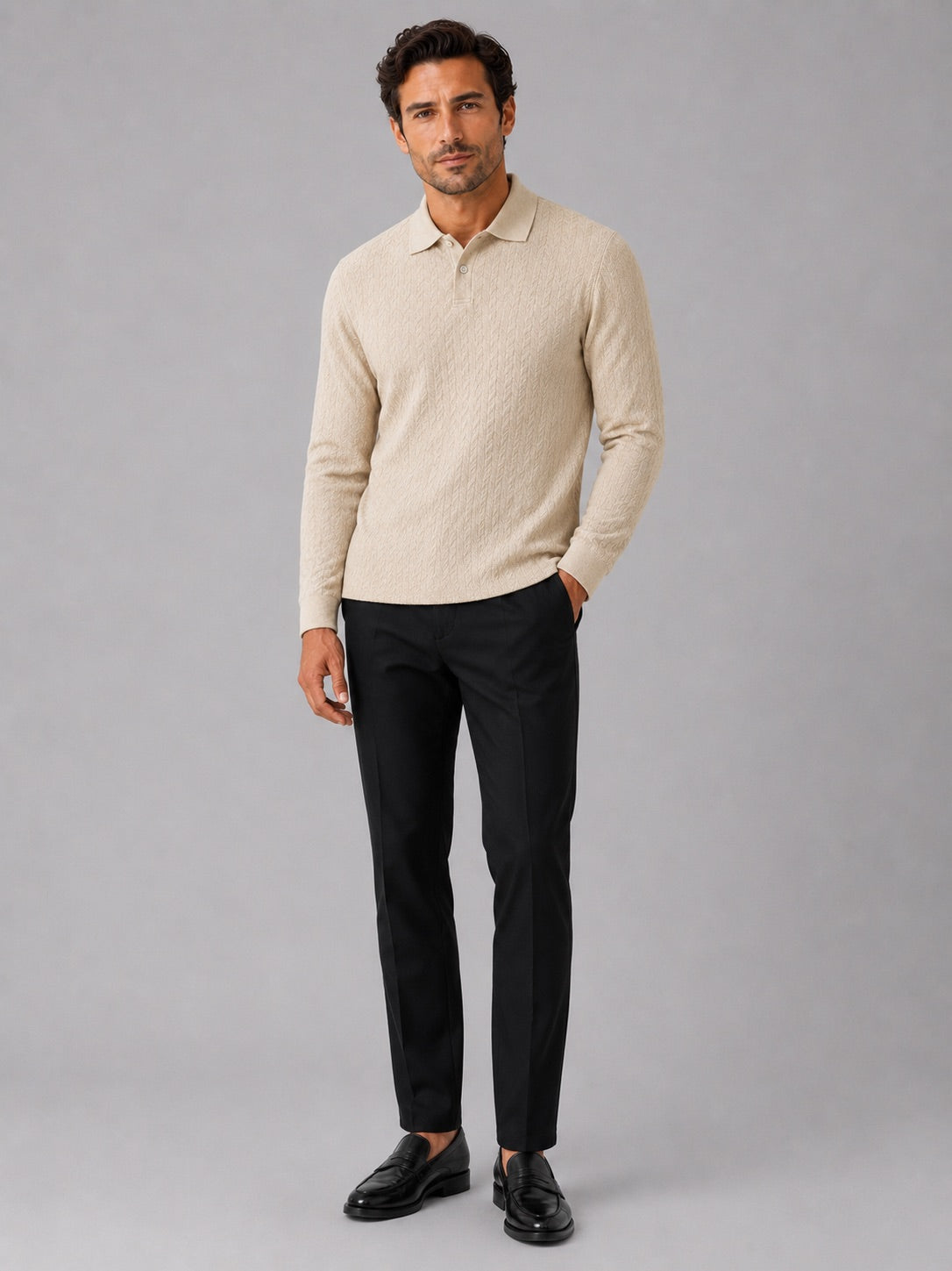 Men’s Long Sleeve Polo Shirt Business Casual Knit Top for Office and Smart Casual Wear