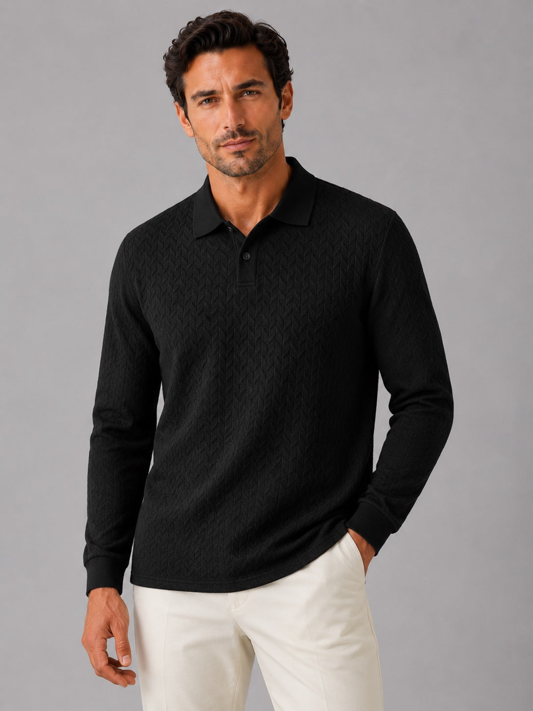 Men’s Long Sleeve Polo Shirt Business Casual Knit Top for Office and Smart Casual Wear