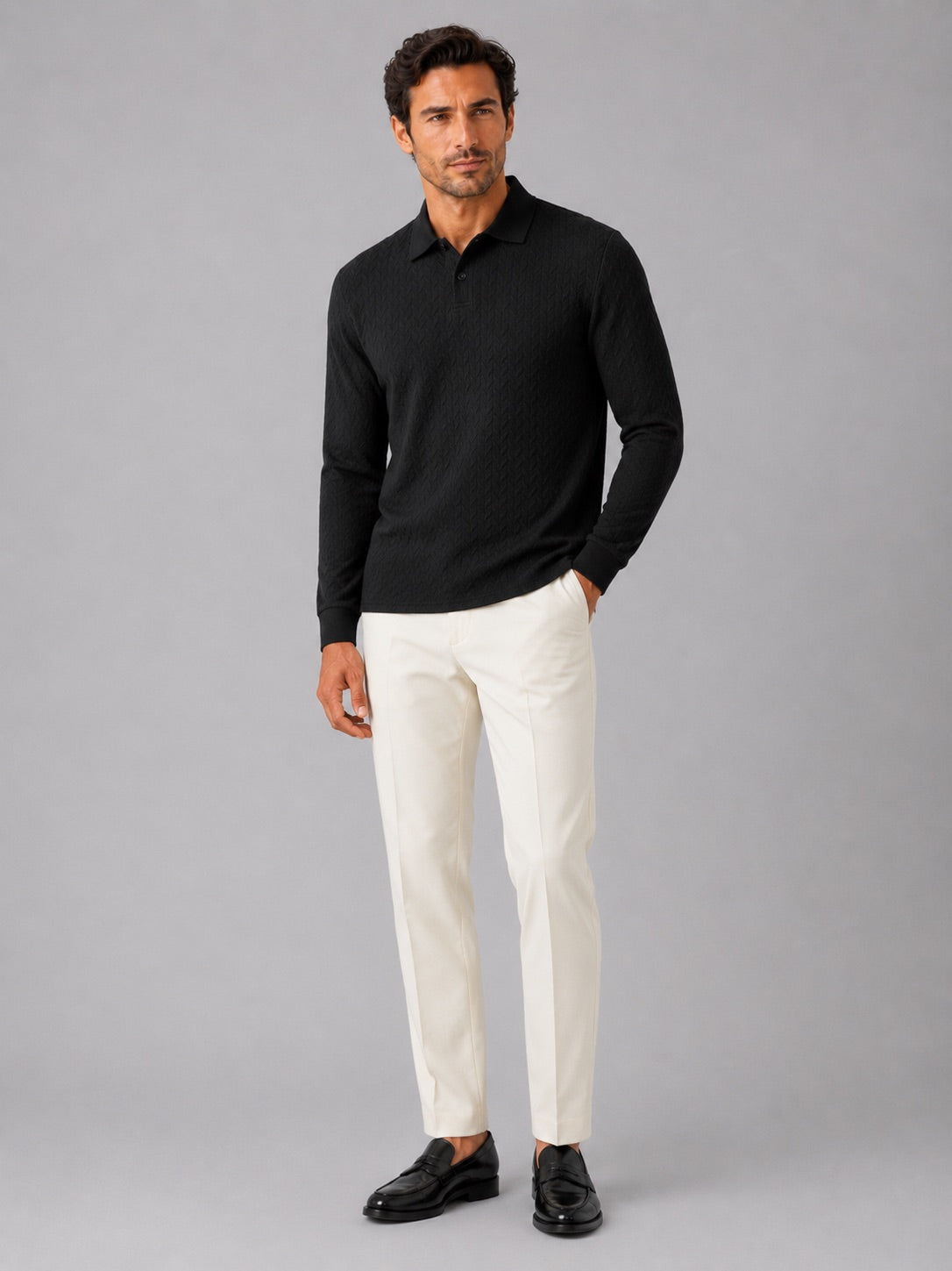 Men’s Long Sleeve Polo Shirt Business Casual Knit Top for Office and Smart Casual Wear