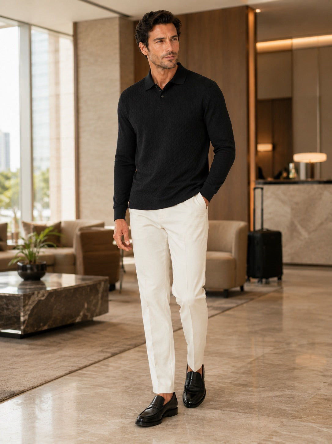 Men’s Long Sleeve Polo Shirt Business Casual Knit Top for Office and Smart Casual Wear