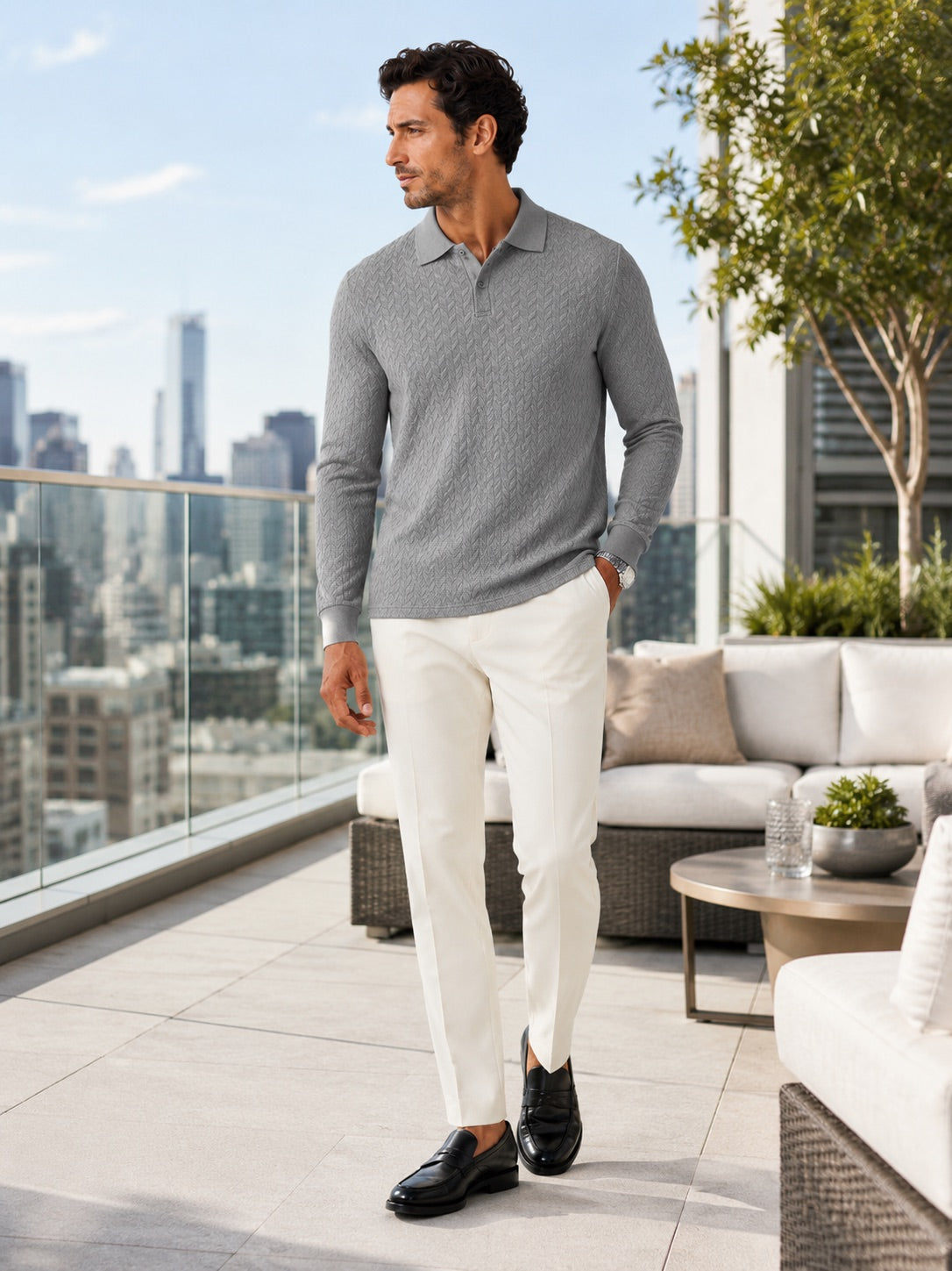 Men’s Long Sleeve Polo Shirt Business Casual Knit Top for Office and Smart Casual Wear