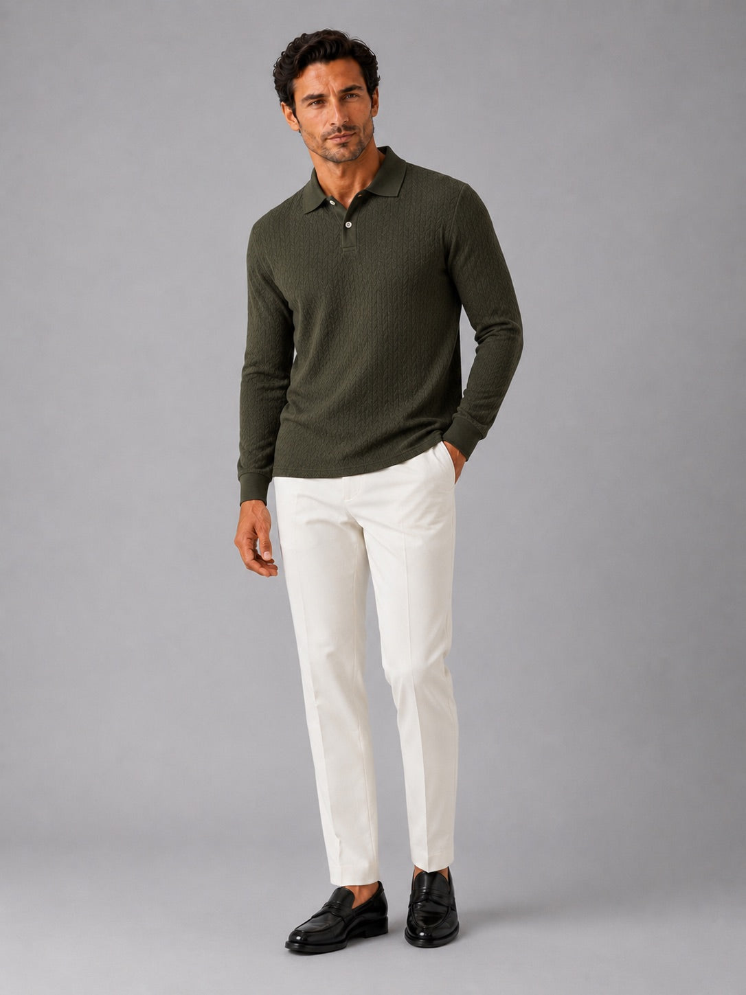 Men’s Long Sleeve Polo Shirt Business Casual Knit Top for Office and Smart Casual Wear
