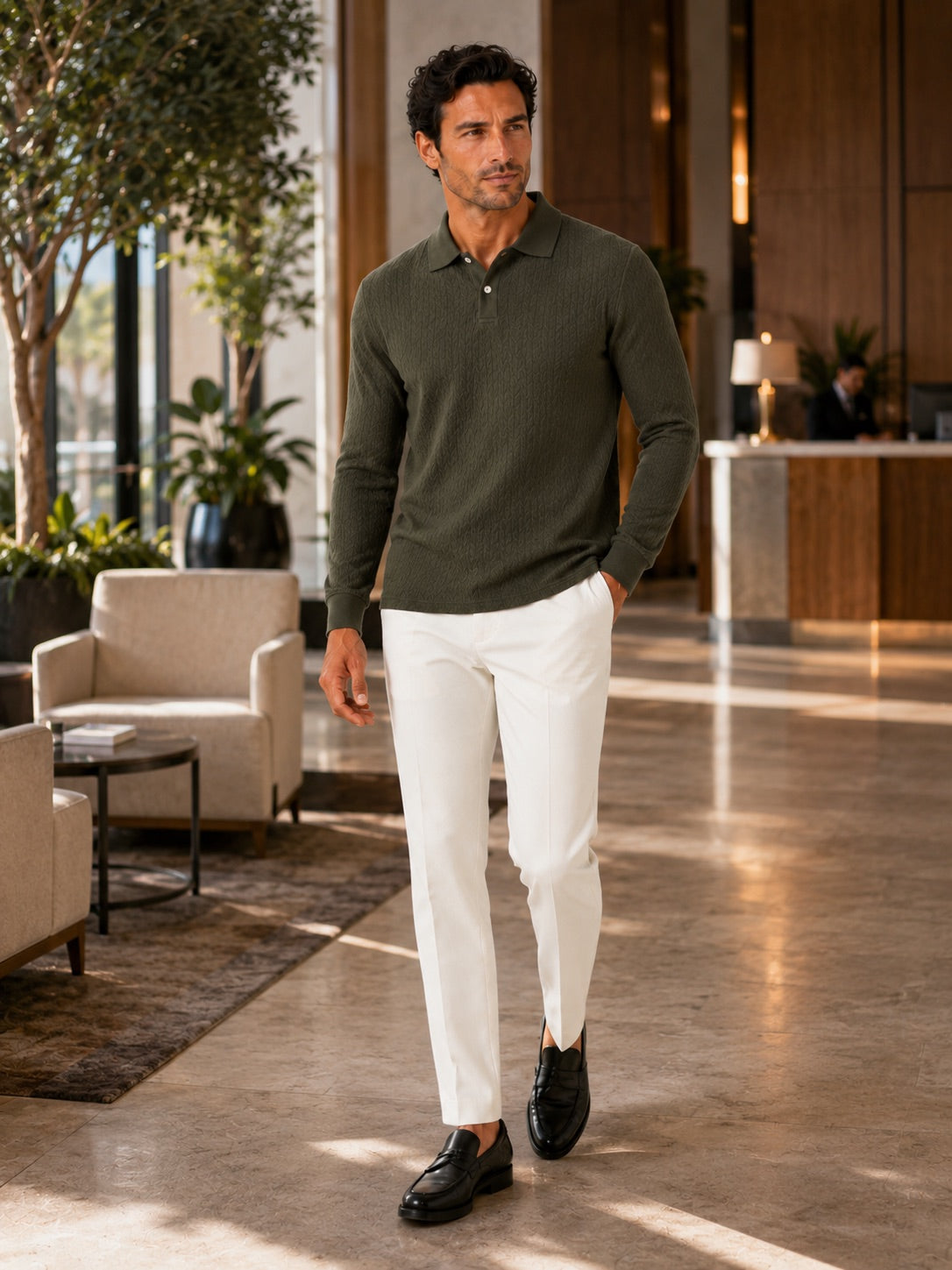 Men’s Long Sleeve Polo Shirt Business Casual Knit Top for Office and Smart Casual Wear