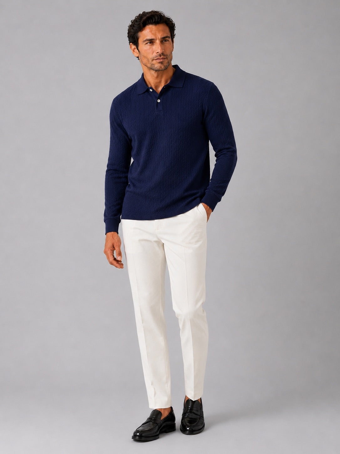 Men’s Long Sleeve Polo Shirt Business Casual Knit Top for Office and Smart Casual Wear