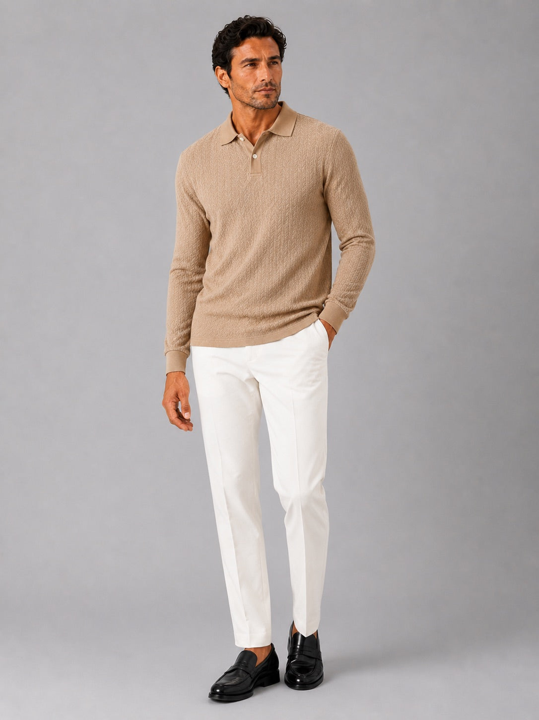 Men’s Long Sleeve Polo Shirt Business Casual Knit Top for Office and Smart Casual Wear