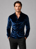 Men’s Velvet Button-Up Shirt Long Sleeve Lapel Autumn Winter Business Casual Shirt for Evening Wear