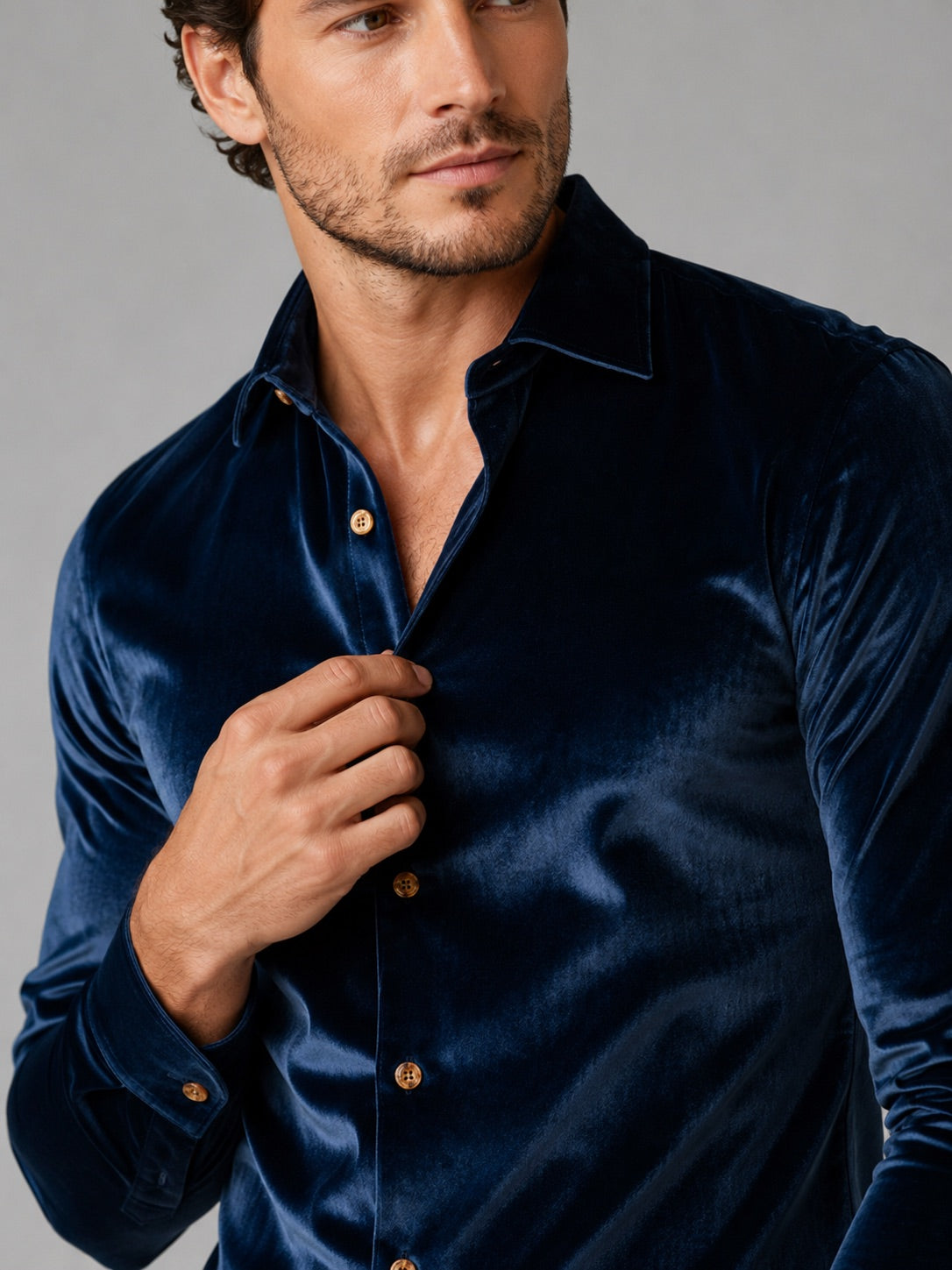 Men’s Velvet Button-Up Shirt Long Sleeve Lapel Autumn Winter Business Casual Shirt for Evening Wear