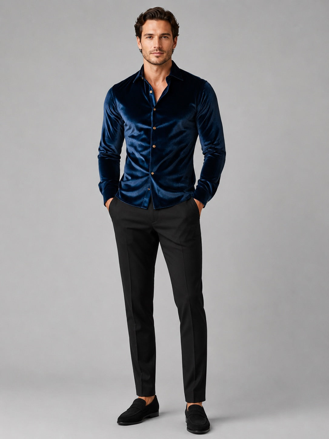 Men’s Velvet Button-Up Shirt Long Sleeve Lapel Autumn Winter Business Casual Shirt for Evening Wear