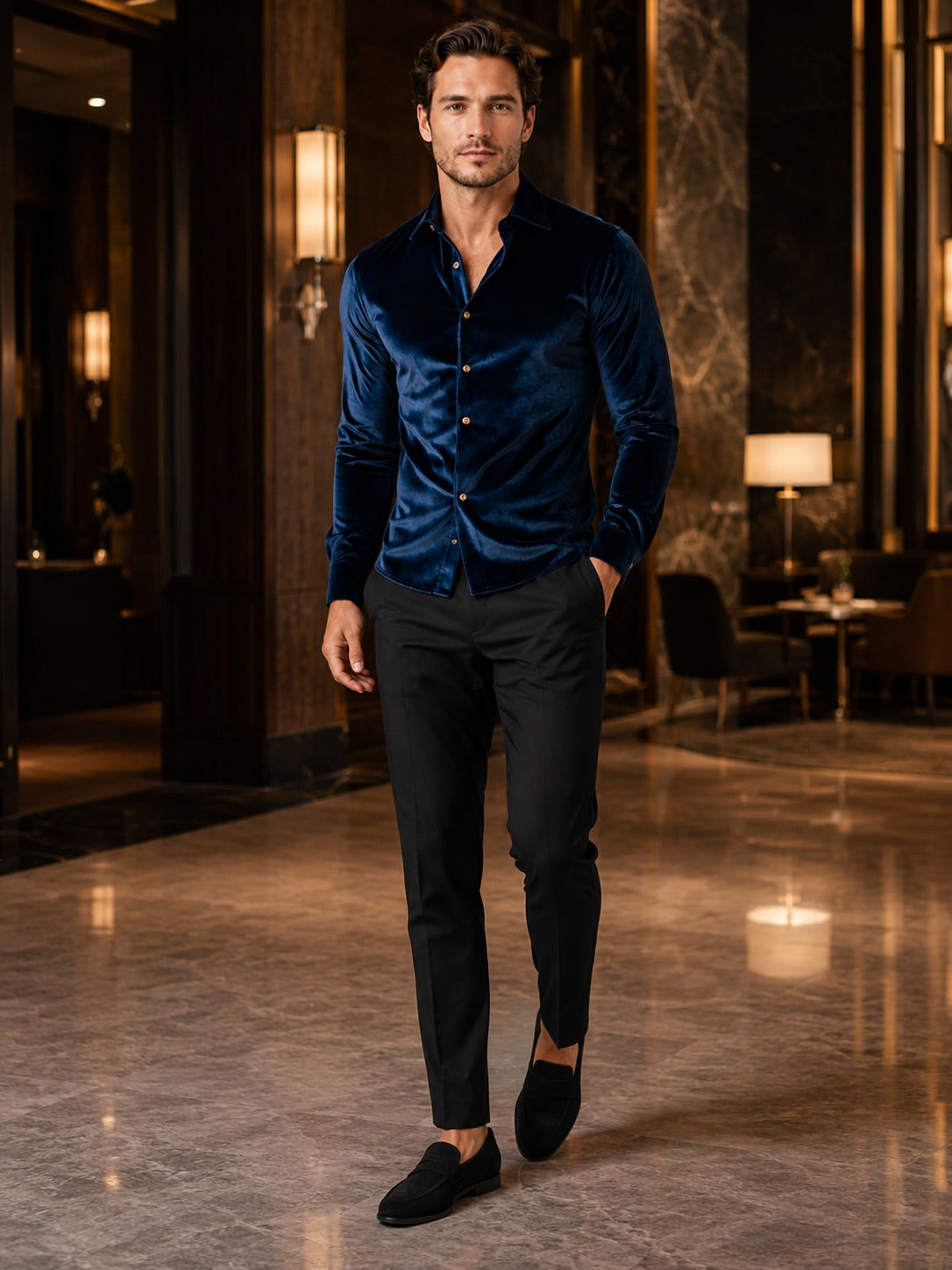 Men’s Velvet Button-Up Shirt Long Sleeve Lapel Autumn Winter Business Casual Shirt for Evening Wear