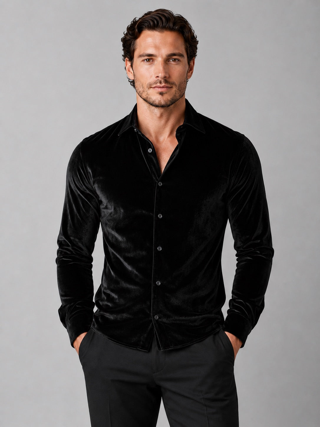 Men’s Velvet Button-Up Shirt Long Sleeve Lapel Autumn Winter Business Casual Shirt for Evening Wear