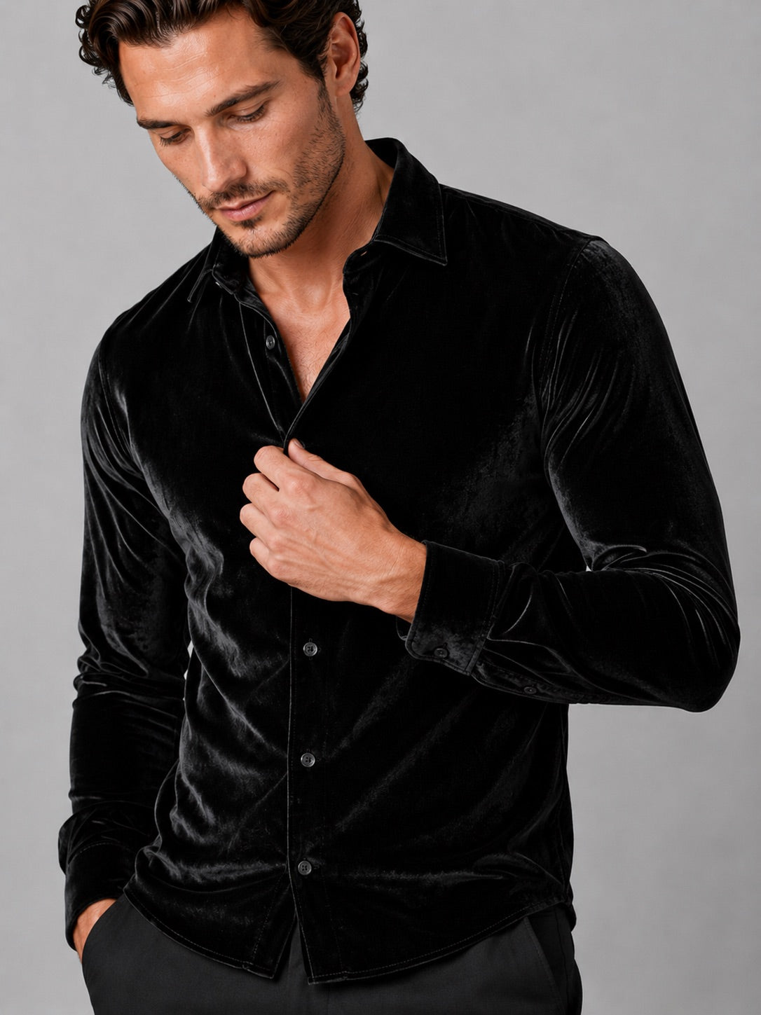 Men’s Velvet Button-Up Shirt Long Sleeve Lapel Autumn Winter Business Casual Shirt for Evening Wear