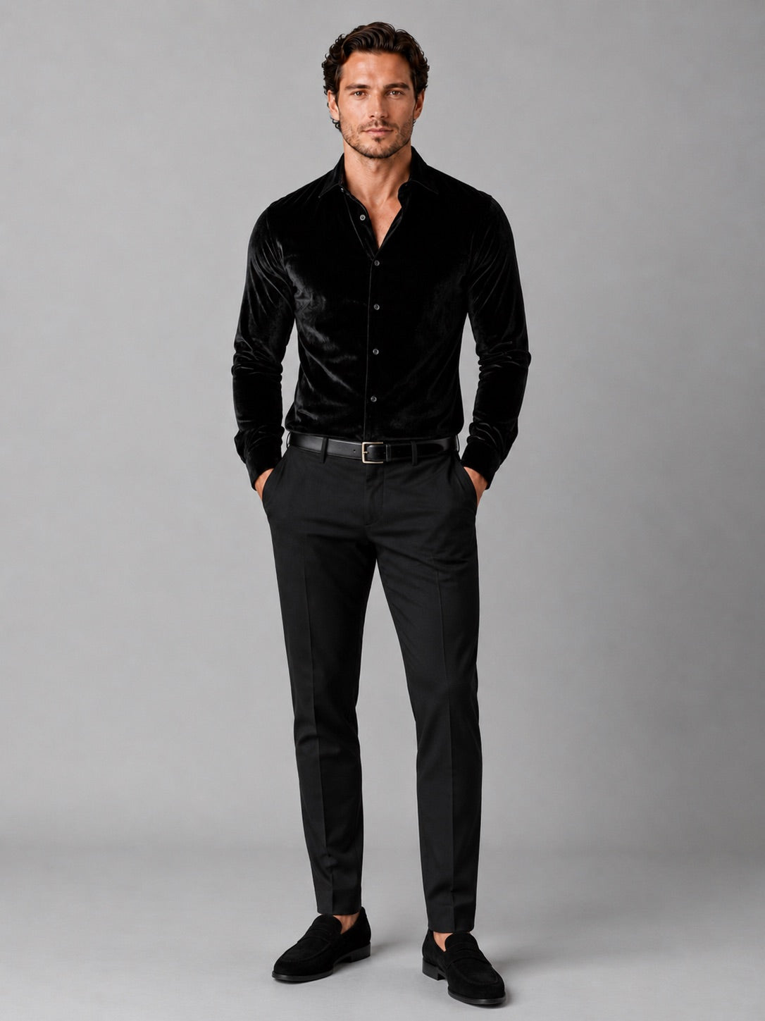 Men’s Velvet Button-Up Shirt Long Sleeve Lapel Autumn Winter Business Casual Shirt for Evening Wear