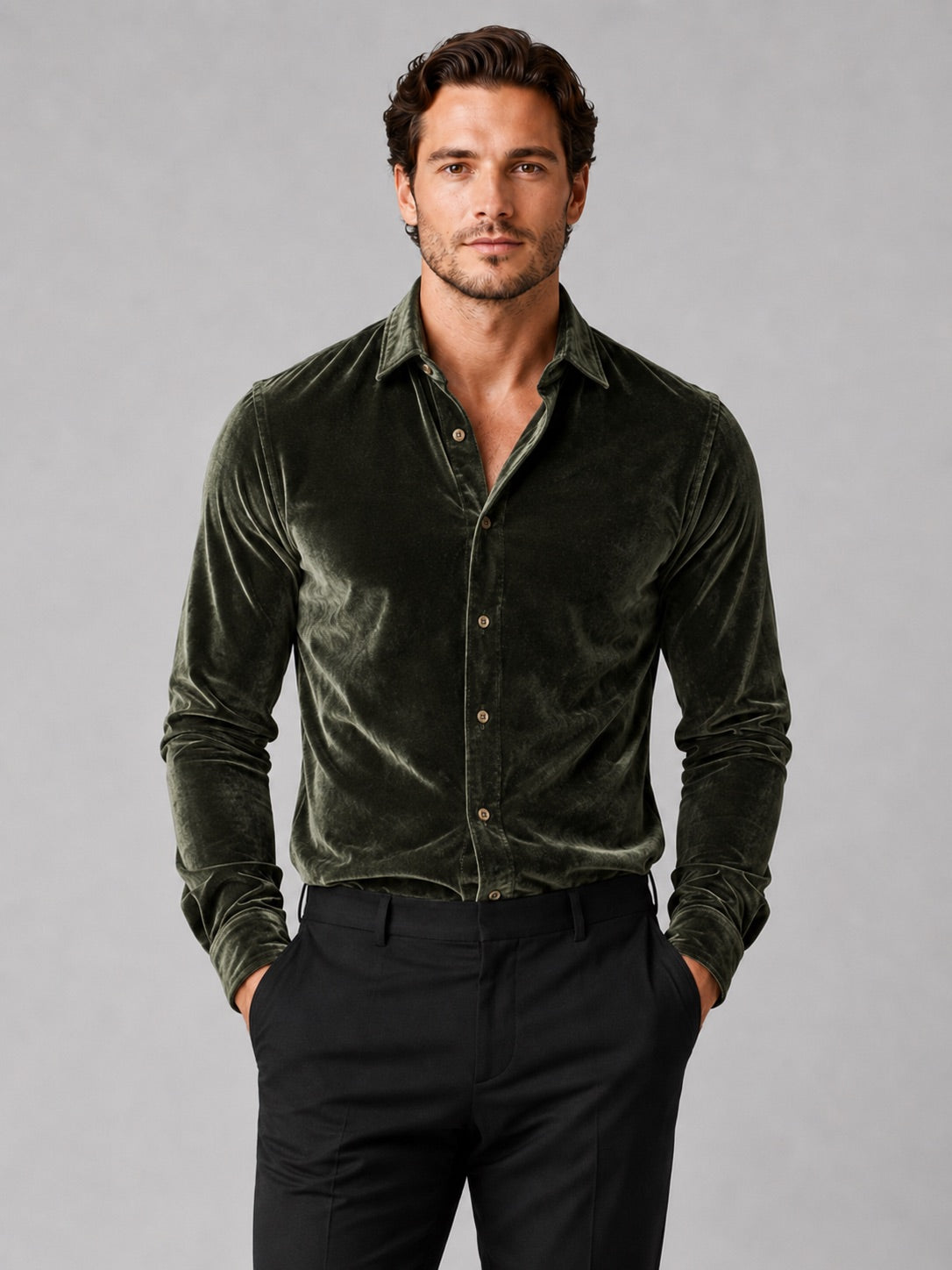 Men’s Velvet Button-Up Shirt Long Sleeve Lapel Autumn Winter Business Casual Shirt for Evening Wear