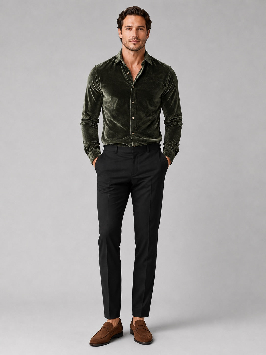 Men’s Velvet Button-Up Shirt Long Sleeve Lapel Autumn Winter Business Casual Shirt for Evening Wear