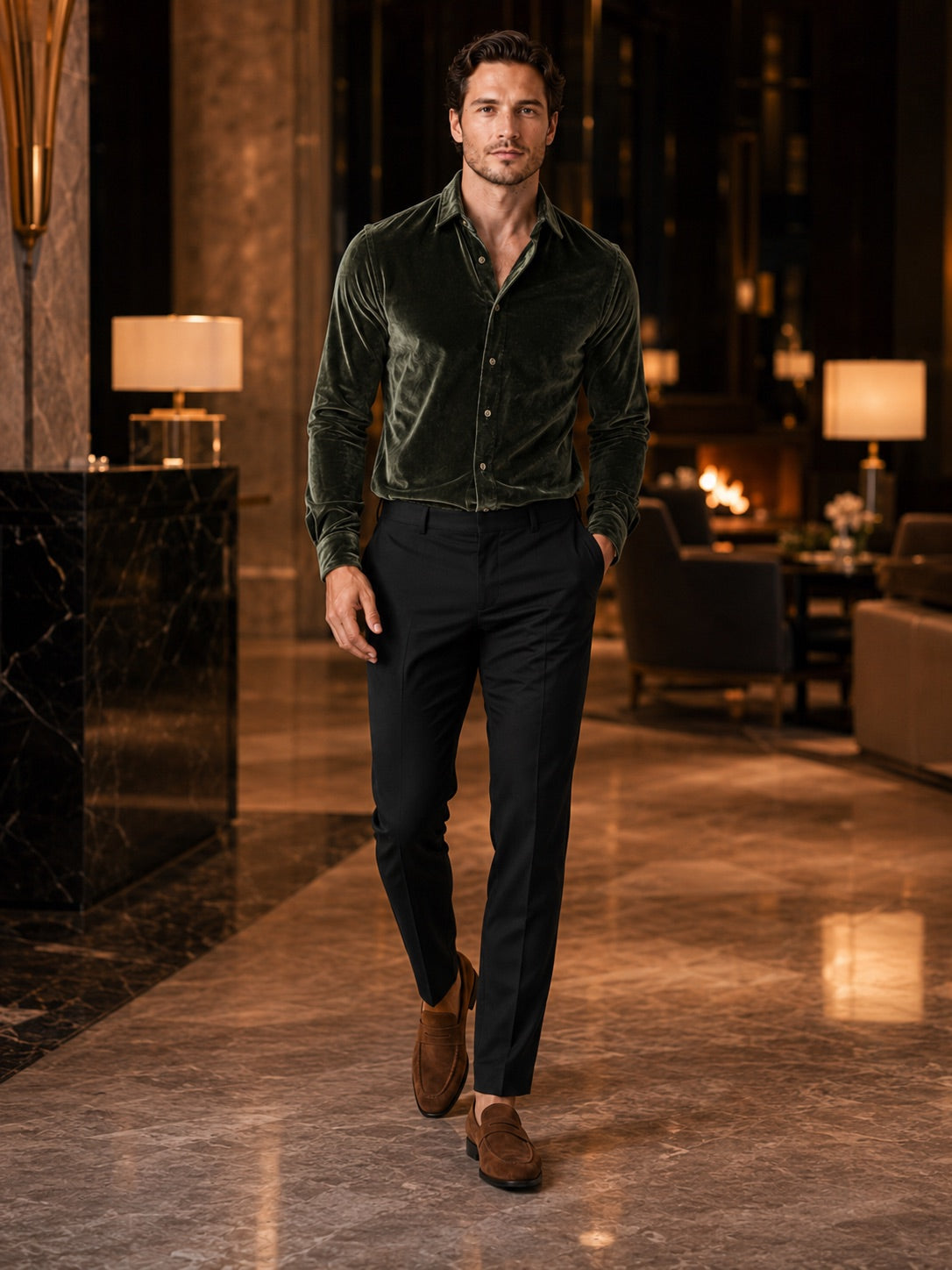 Men’s Velvet Button-Up Shirt Long Sleeve Lapel Autumn Winter Business Casual Shirt for Evening Wear
