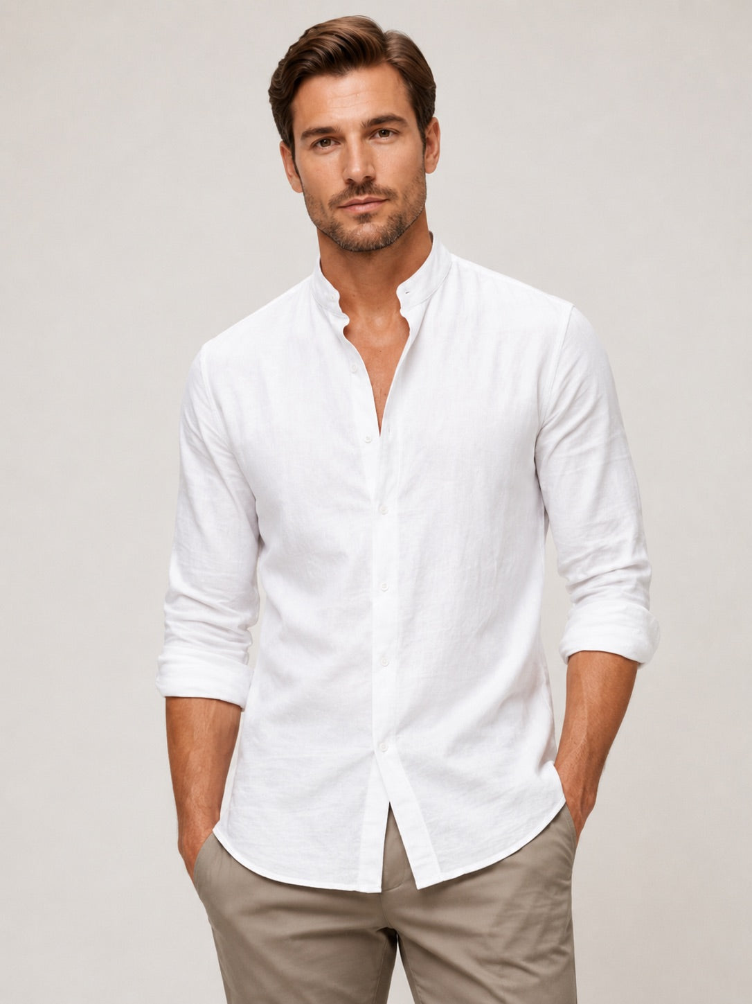 Men’s Cotton Linen Collarless Button-Down Long Sleeve Shirt Breathable Summer Casual Shirt for Vacation and Everyday Wear