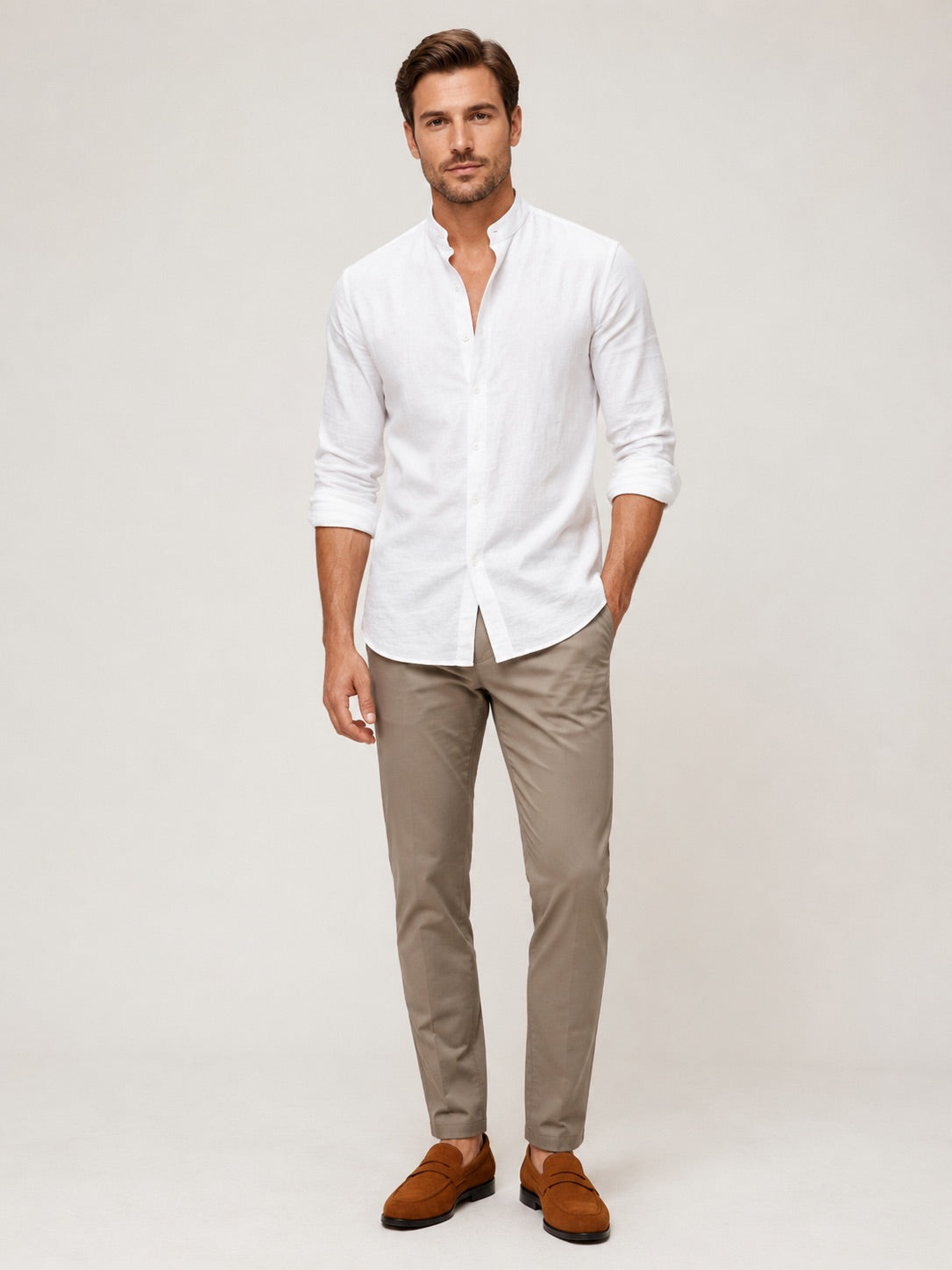 Men’s Cotton Linen Collarless Button-Down Long Sleeve Shirt Breathable Summer Casual Shirt for Vacation and Everyday Wear