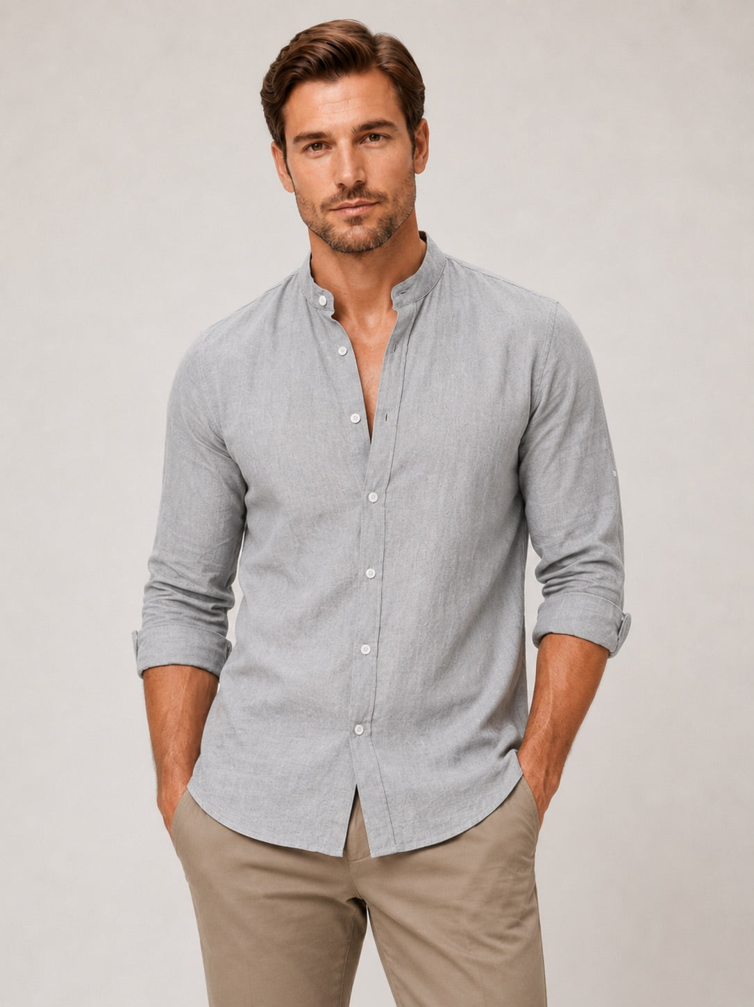 Men’s Cotton Linen Collarless Button-Down Long Sleeve Shirt Breathable Summer Casual Shirt for Vacation and Everyday Wear