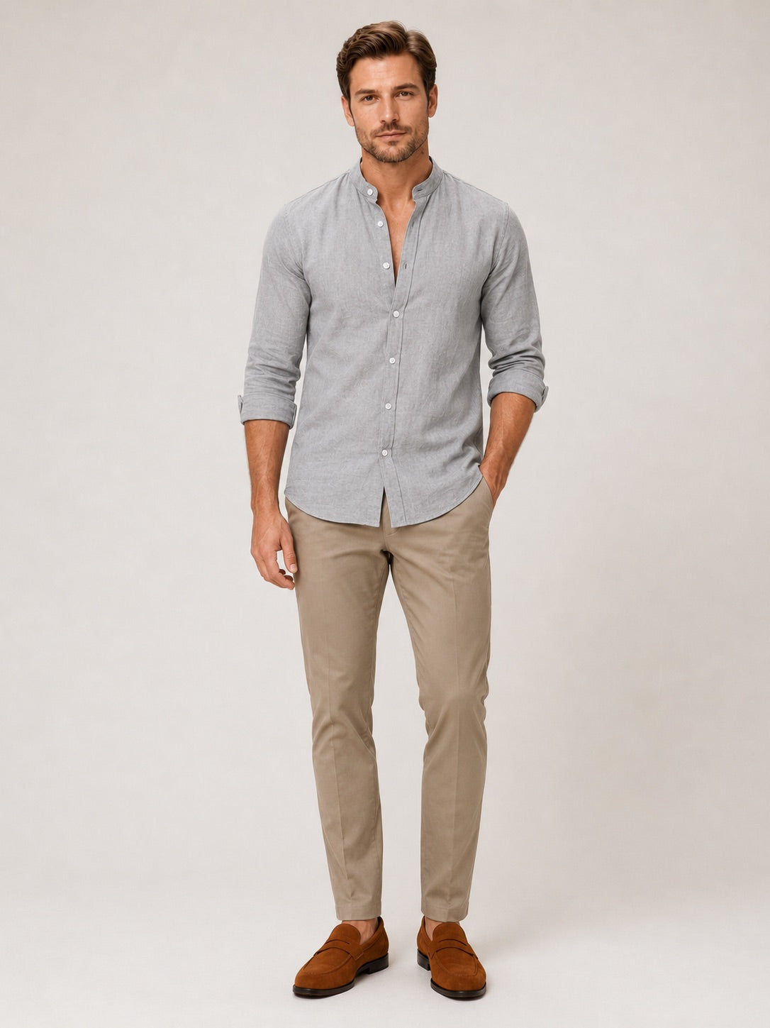 Men’s Cotton Linen Collarless Button-Down Long Sleeve Shirt Breathable Summer Casual Shirt for Vacation and Everyday Wear