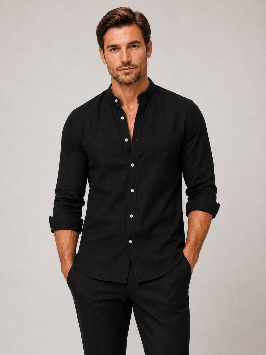 Men’s Cotton Linen Collarless Button-Down Long Sleeve Shirt Breathable Summer Casual Shirt for Vacation and Everyday Wear