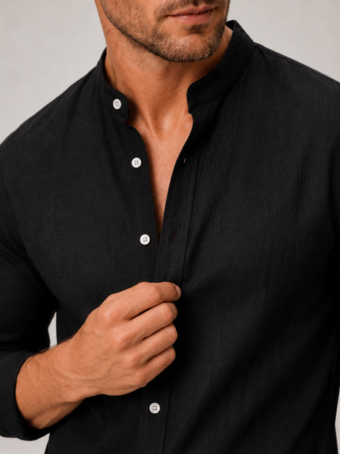 Men’s Cotton Linen Collarless Button-Down Long Sleeve Shirt Breathable Summer Casual Shirt for Vacation and Everyday Wear