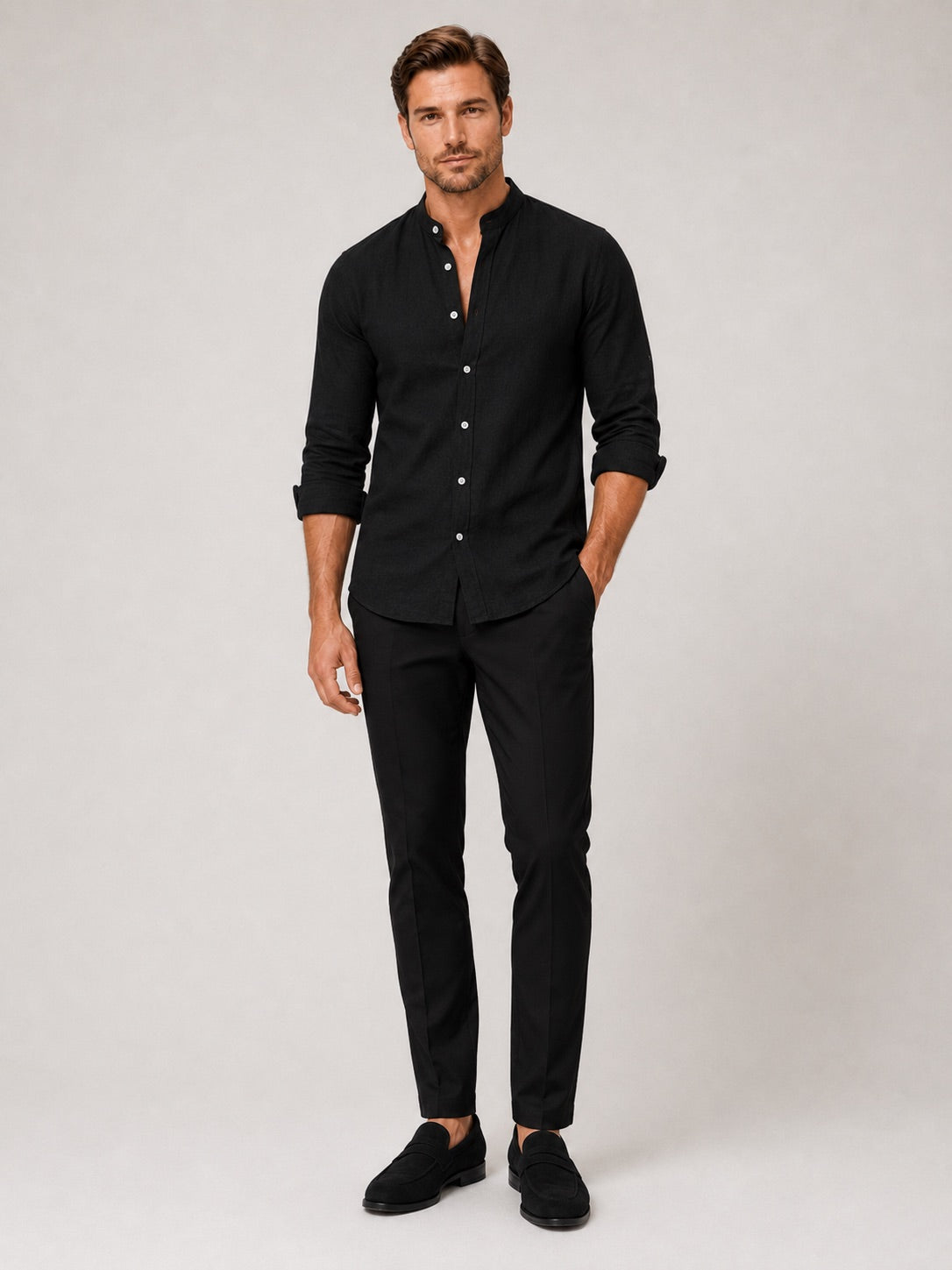 Men’s Cotton Linen Collarless Button-Down Long Sleeve Shirt Breathable Summer Casual Shirt for Vacation and Everyday Wear