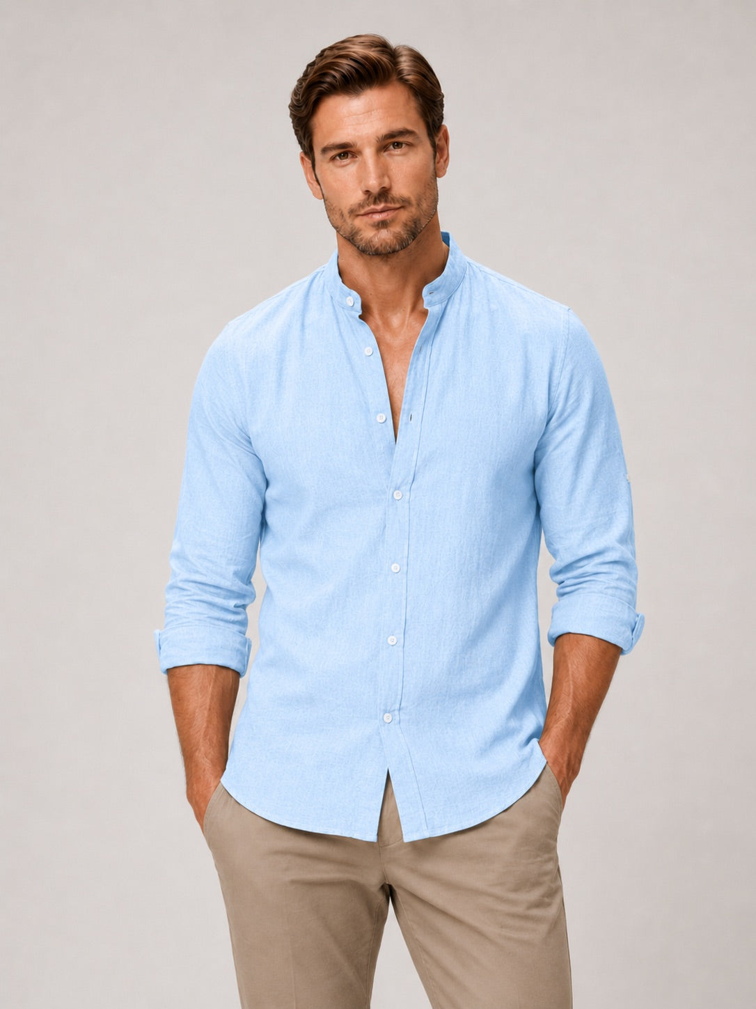 Men’s Cotton Linen Collarless Button-Down Long Sleeve Shirt Breathable Summer Casual Shirt for Vacation and Everyday Wear