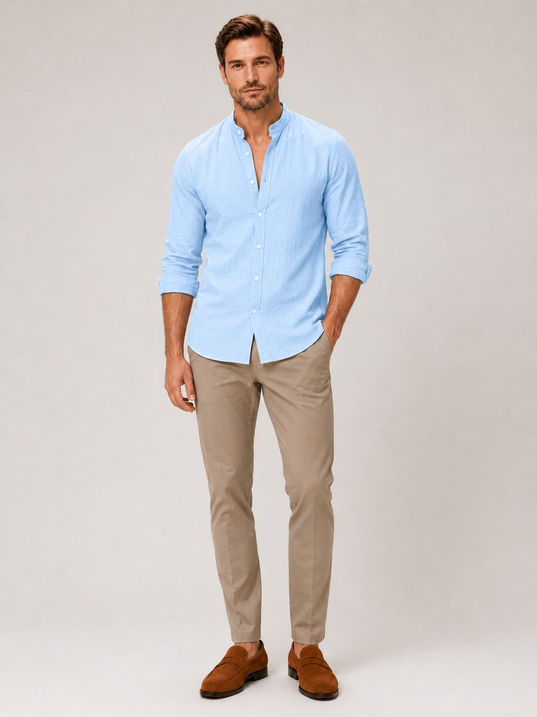Men’s Cotton Linen Collarless Button-Down Long Sleeve Shirt Breathable Summer Casual Shirt for Vacation and Everyday Wear