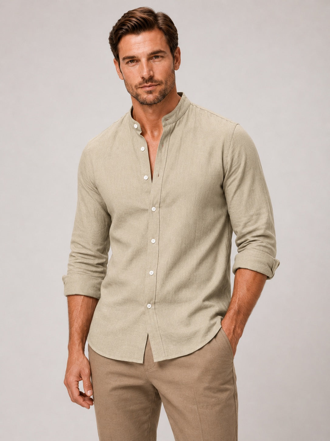 Men’s Cotton Linen Collarless Button-Down Long Sleeve Shirt Breathable Summer Casual Shirt for Vacation and Everyday Wear