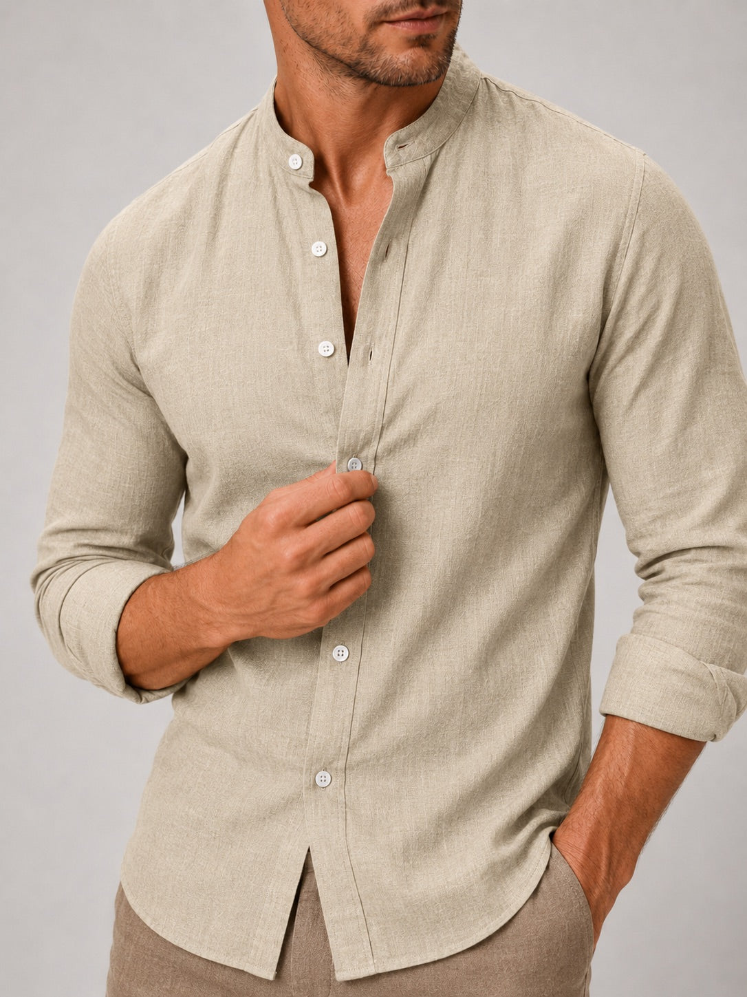 Men’s Cotton Linen Collarless Button-Down Long Sleeve Shirt Breathable Summer Casual Shirt for Vacation and Everyday Wear