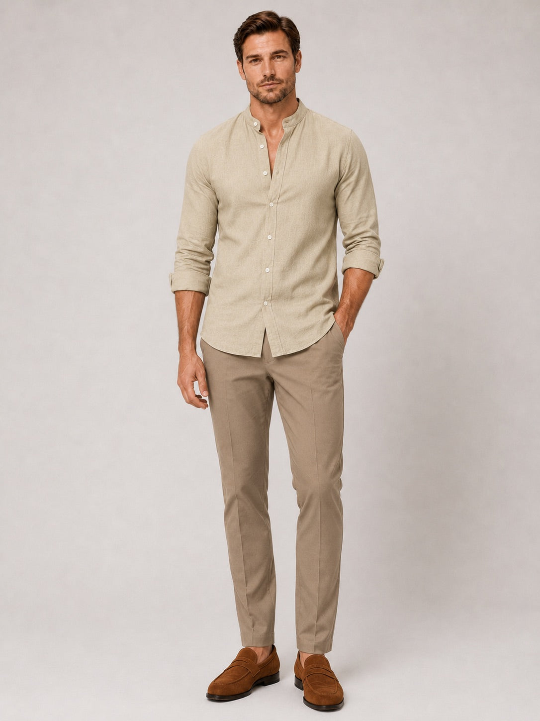 Men’s Cotton Linen Collarless Button-Down Long Sleeve Shirt Breathable Summer Casual Shirt for Vacation and Everyday Wear