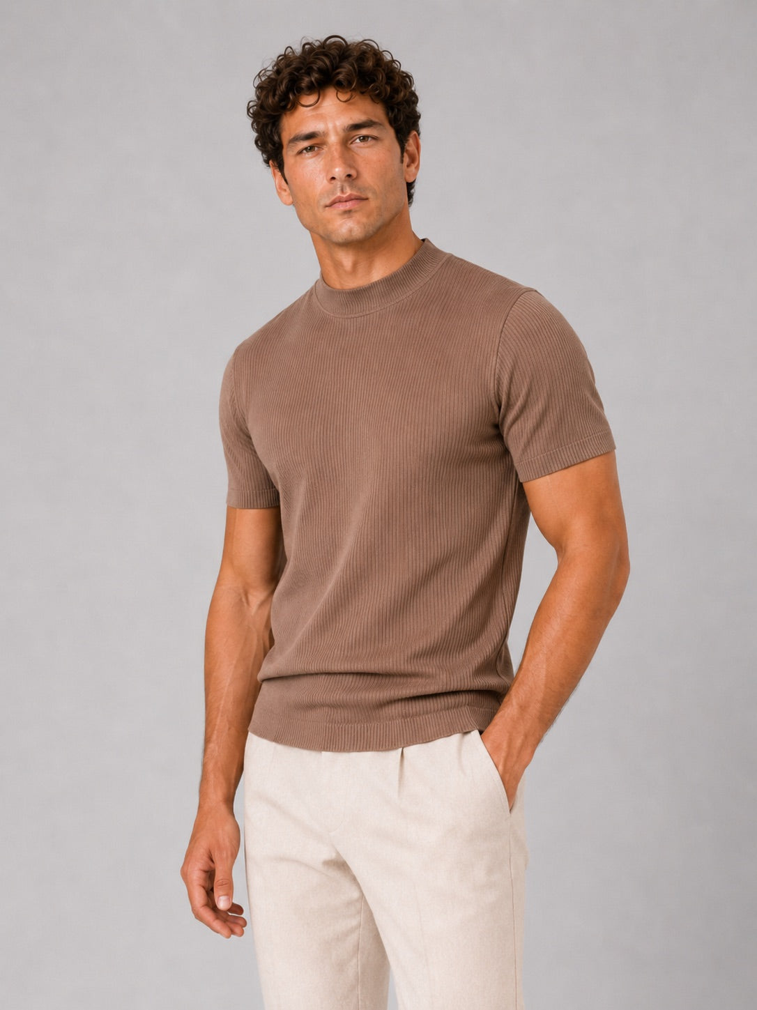 Men’s Mock Neck Ribbed T-Shirt Fitted Stretch Short Sleeve Summer Top