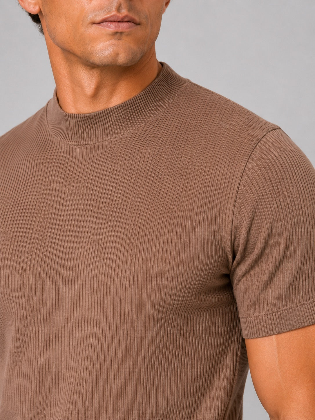 Men’s Mock Neck Ribbed T-Shirt Fitted Stretch Short Sleeve Summer Top