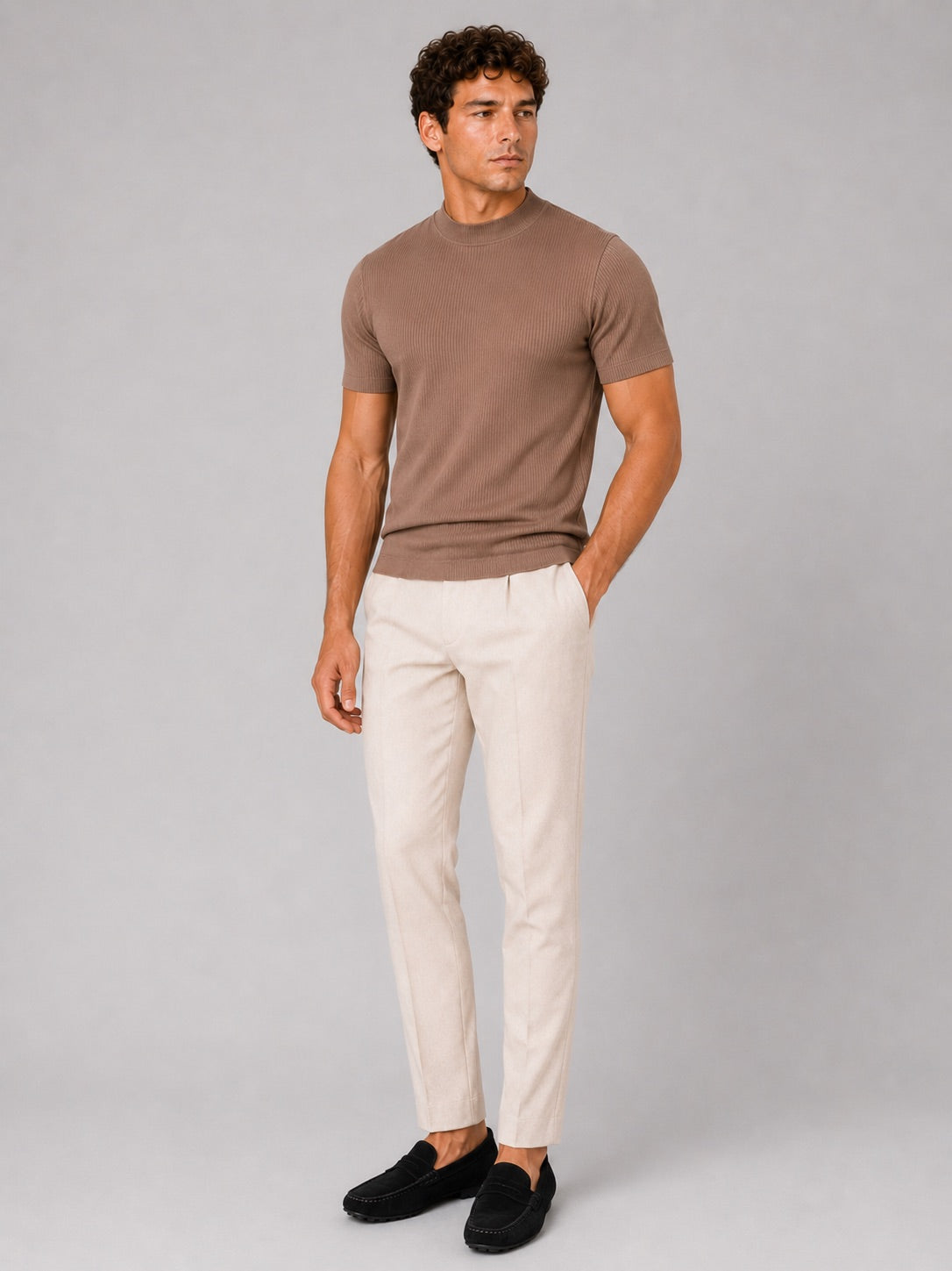 Men’s Mock Neck Ribbed T-Shirt Fitted Stretch Short Sleeve Summer Top