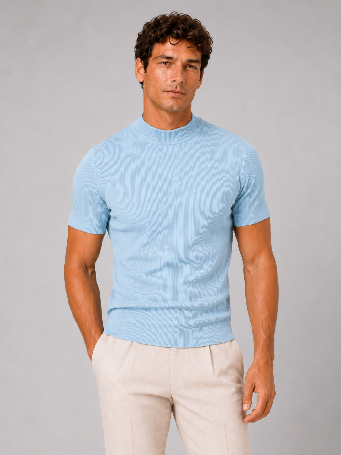 Men’s Mock Neck Ribbed T-Shirt Fitted Stretch Short Sleeve Summer Top