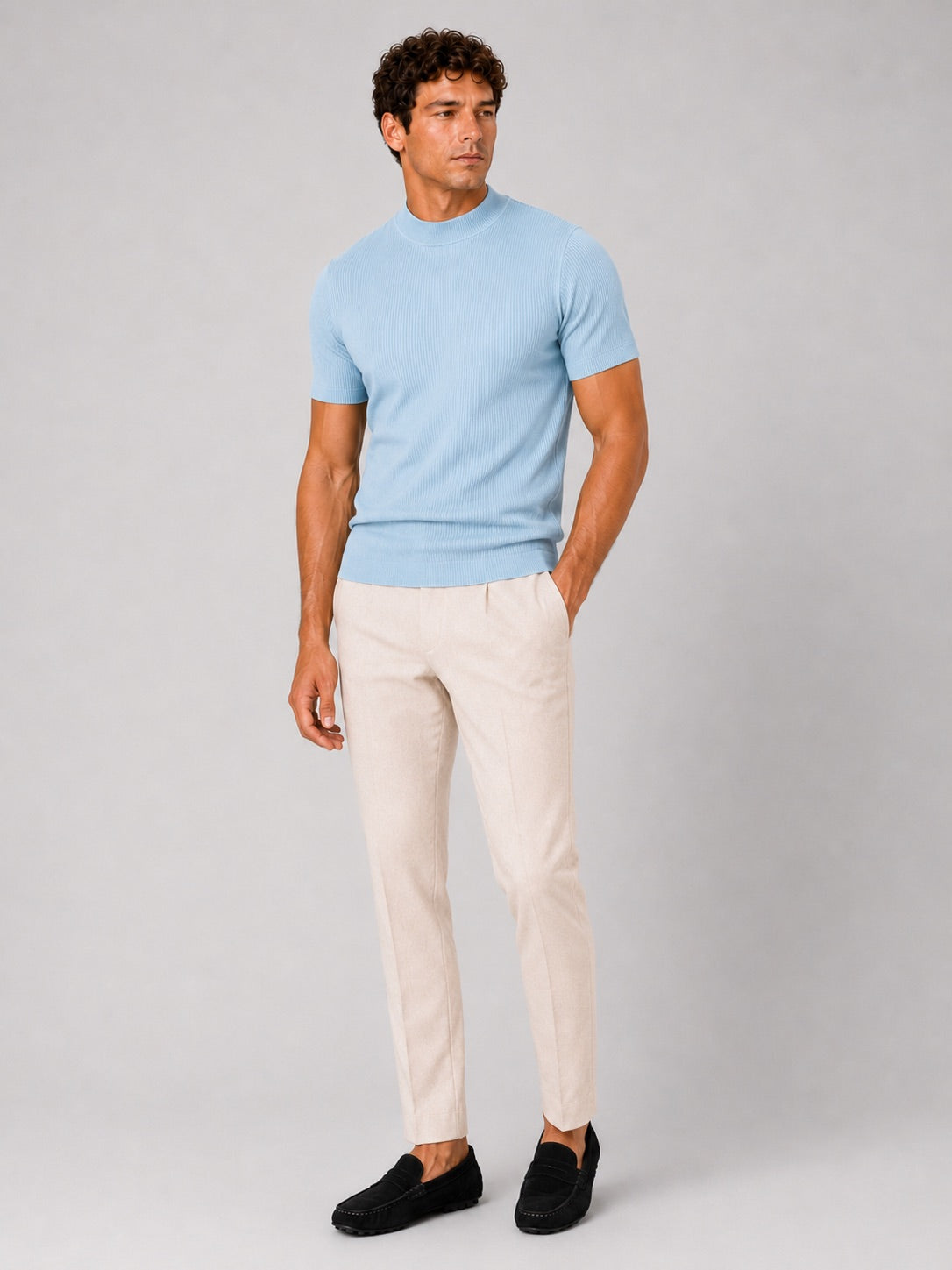 Men’s Mock Neck Ribbed T-Shirt Fitted Stretch Short Sleeve Summer Top