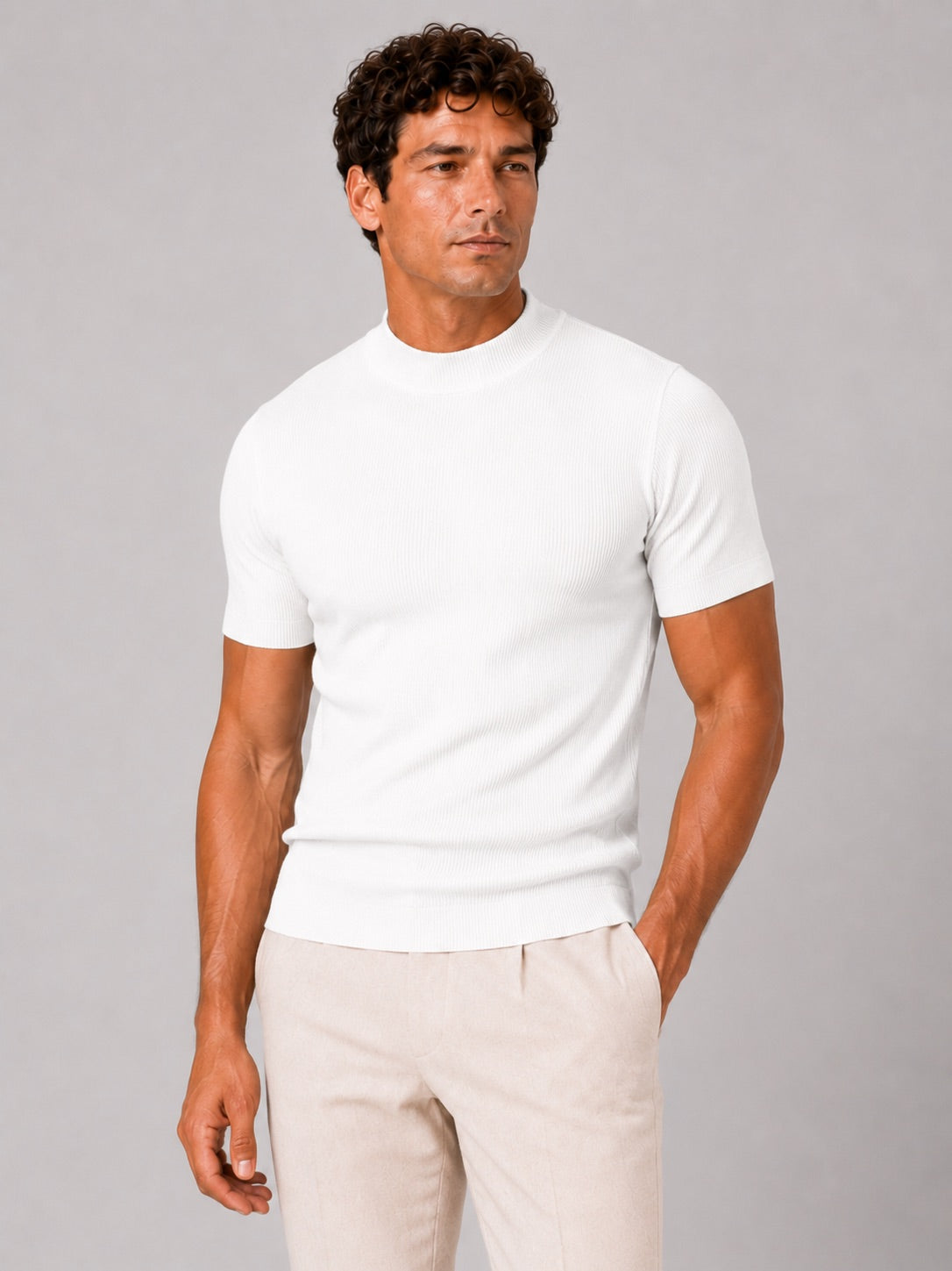 Men’s Mock Neck Ribbed T-Shirt Fitted Stretch Short Sleeve Summer Top