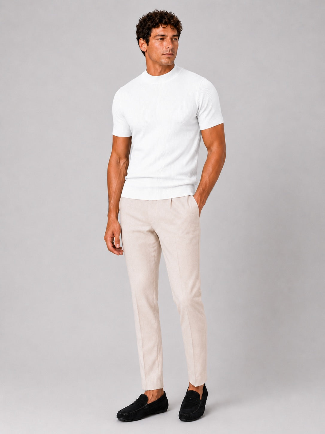 Men’s Mock Neck Ribbed T-Shirt Fitted Stretch Short Sleeve Summer Top