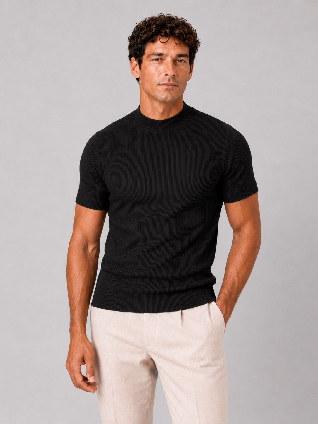 Men’s Mock Neck Ribbed T-Shirt Fitted Stretch Short Sleeve Summer Top