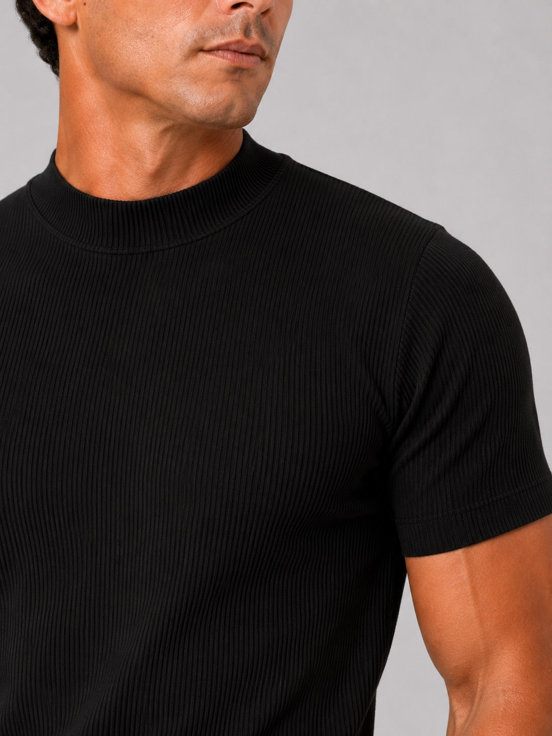 Men’s Mock Neck Ribbed T-Shirt Fitted Stretch Short Sleeve Summer Top